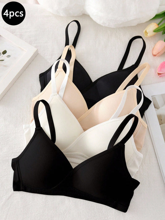 Teen Girl 4 Pcs Striped Wireless Bra Set Multicolor 2