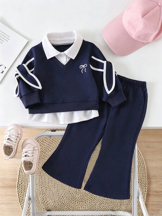 Baby Girls Academy Style 2 In 1 Sweatshirt Set, Lapel White Shirt Spliced Navy Blue V-Neck Top