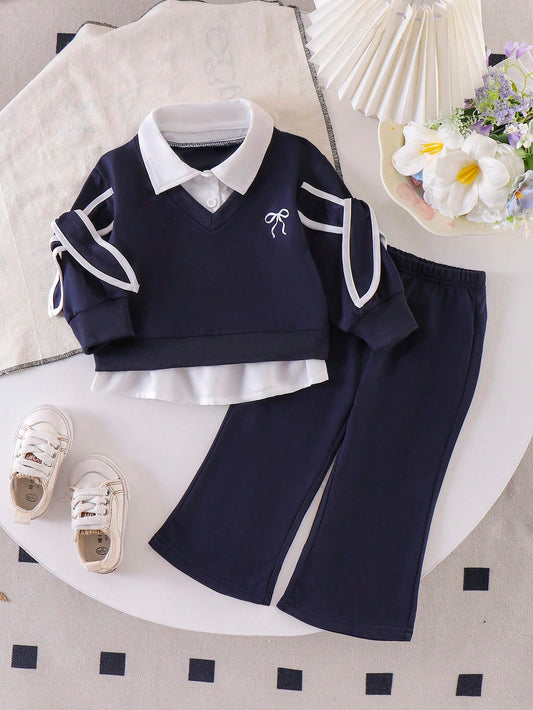 Baby Girls Academy Style 2 In 1 Sweatshirt Set, Lapel White Shirt Spliced Navy Blue V-Neck Top