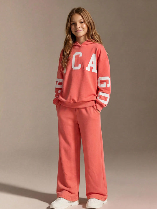 Tween Girl Letter Print Hoodie & Sweatpants Set