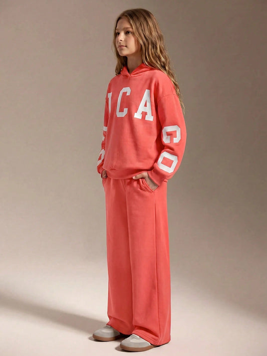 Tween Girl Letter Print Hoodie & Sweatpants Set