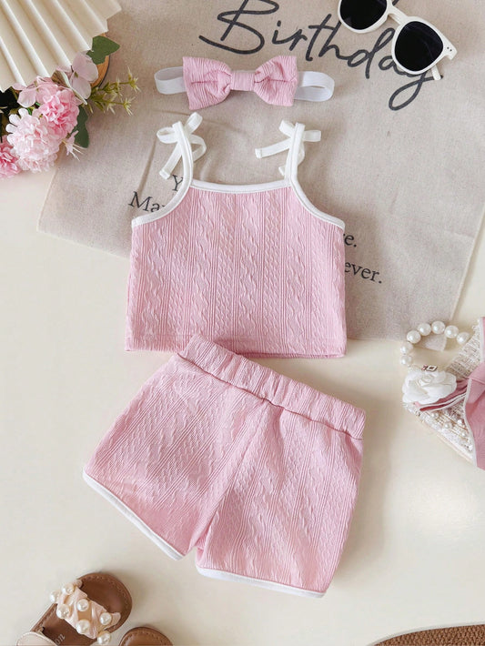 Baby Girl Solid Color Splicing Bow Decor Top And Shorts Set