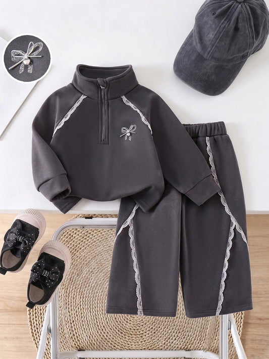 Girls 2-Piece Set, Dark Gray Half-Zip Stand Collar Sweatshirt With Exquisite Lace Trim