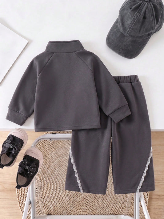 Girls 2-Piece Set, Dark Gray Half-Zip Stand Collar Sweatshirt With Exquisite Lace Trim
