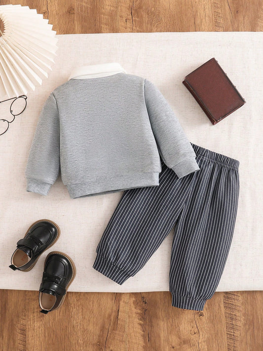 2pcs Baby Boy Autumn College Style 2 In 1 Knit Contrast Color
