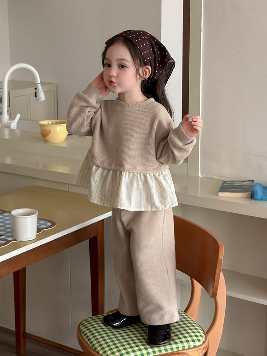 Round Neck Long Sleeve Colorblock Patchwork Korean Style 2 Pieces Sweatshirt Set