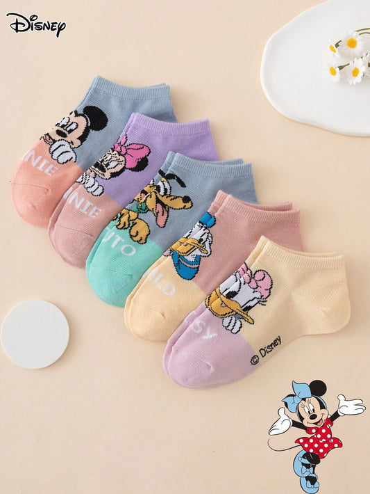 5 Pairs Disney Socks Series Pluto Letter Contrast Color Cartoon Pattern Crew Socks