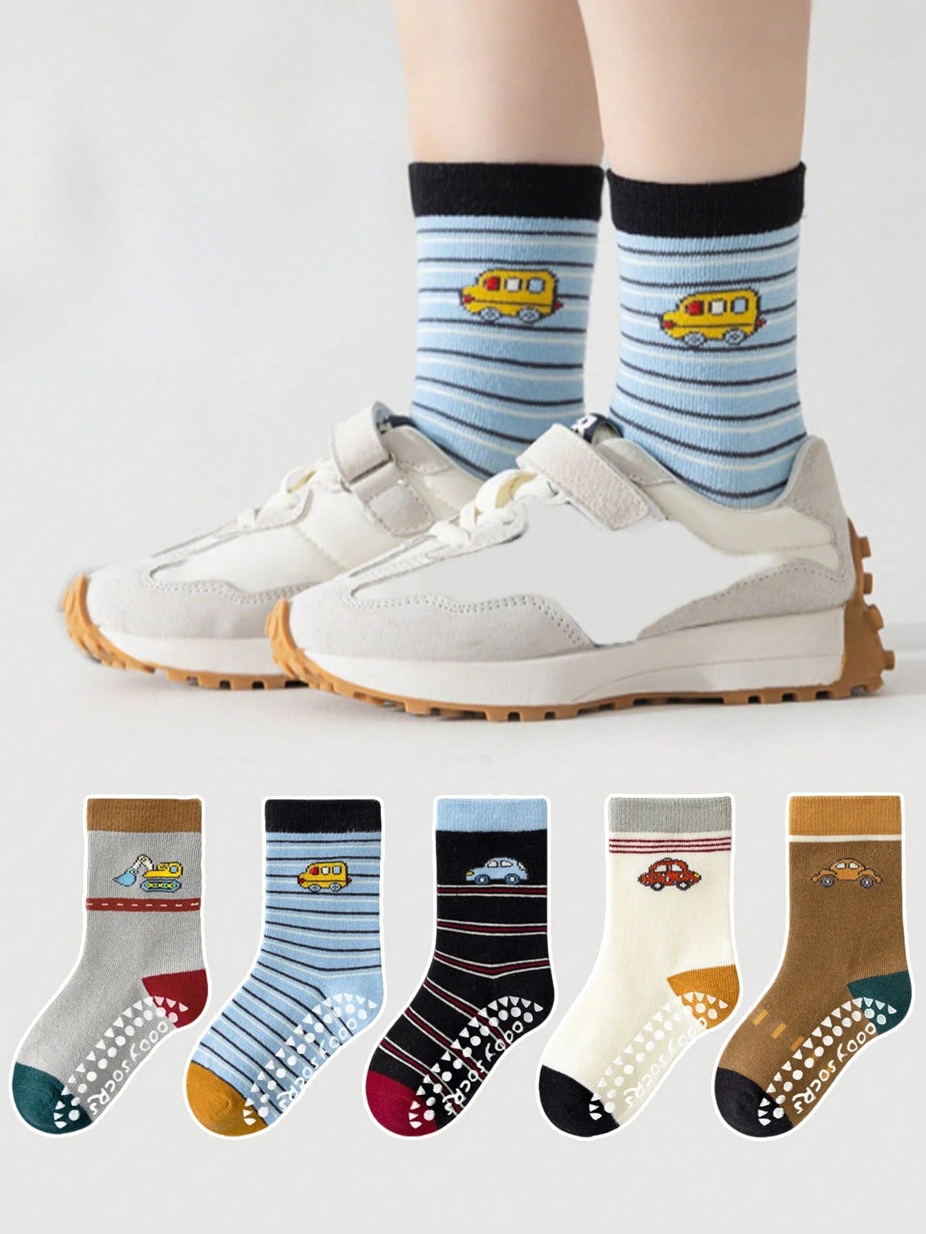 5 Pairs Kids Anti-Slip Floor Socks With Letter, Stripe, Dot, Cartoon Dinosaur Patterns Multicolor 5