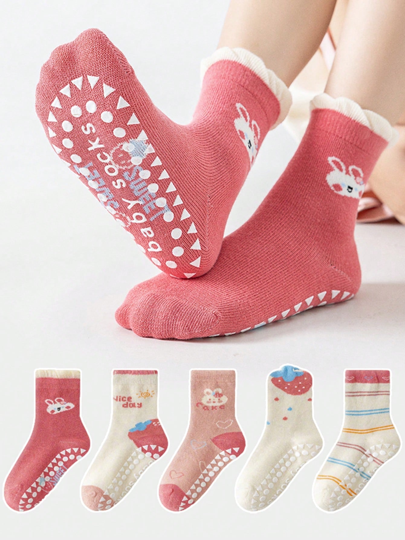 5 Pairs Kids Anti-Slip Floor Socks With Letter, Stripe, Dot, Cartoon Dinosaur Patterns Multicolor 7