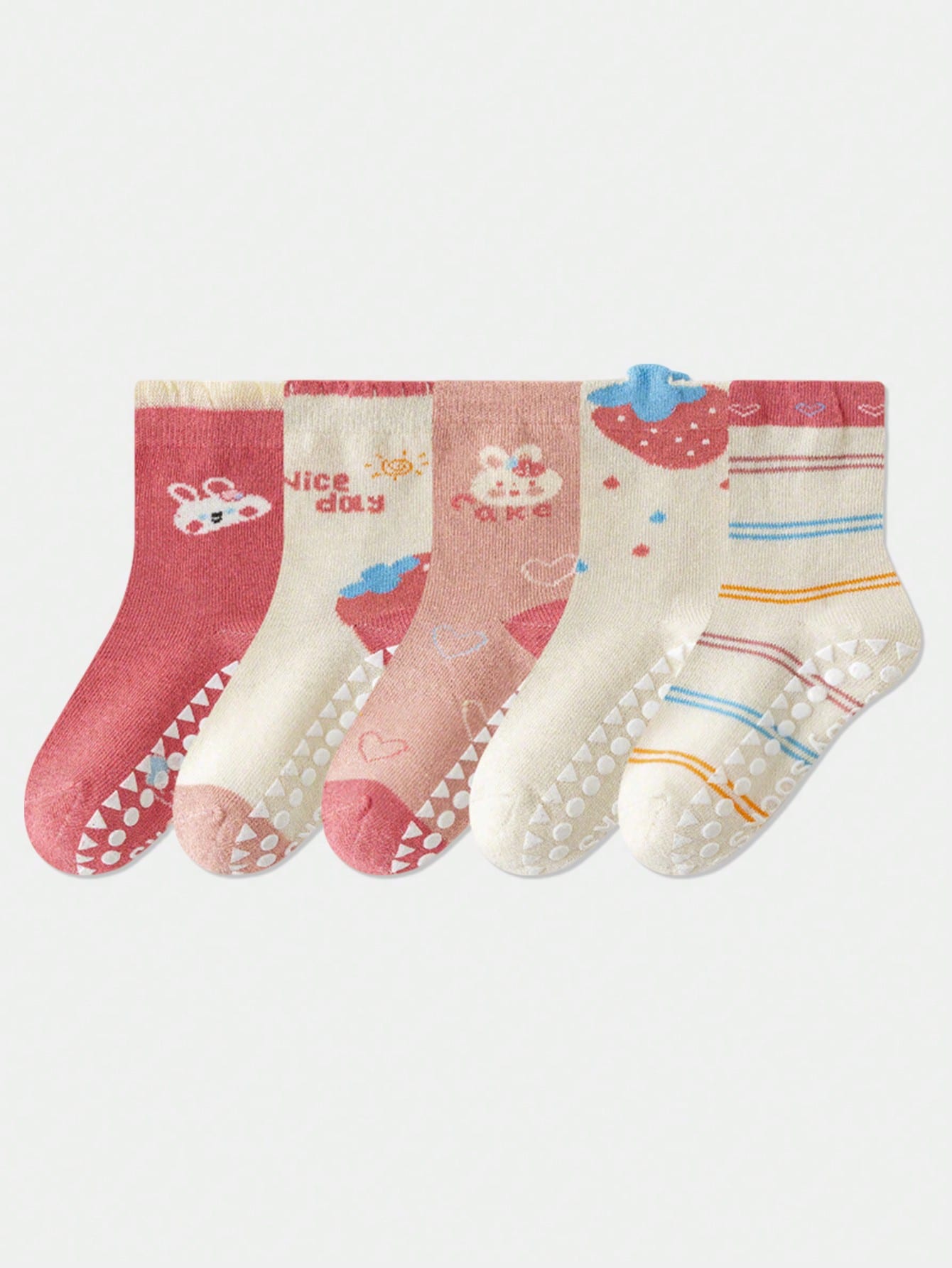 5 Pairs Kids Anti-Slip Floor Socks With Letter, Stripe, Dot, Cartoon Dinosaur Patterns