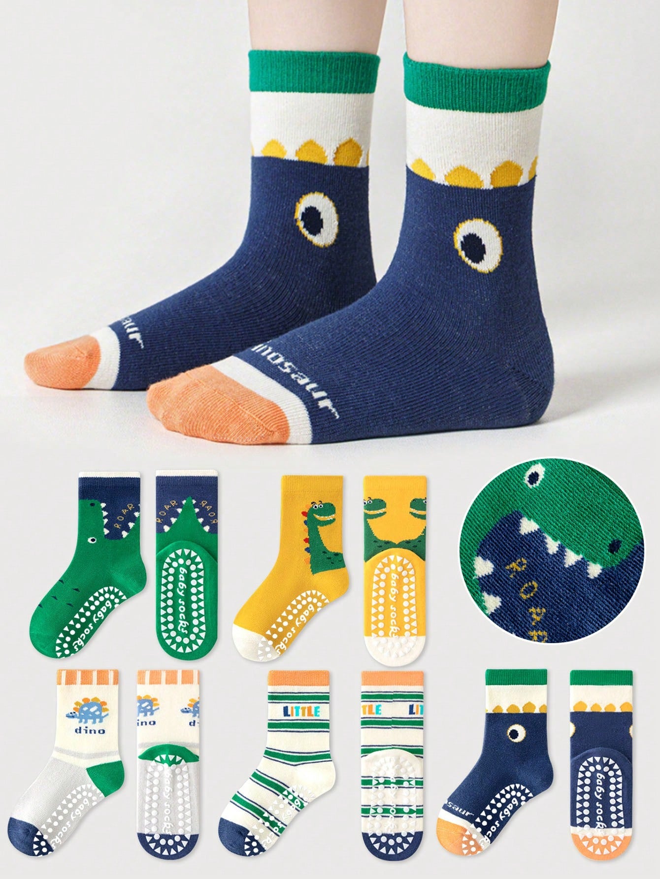 5 Pairs Kids Anti-Slip Floor Socks With Letter, Stripe, Dot, Cartoon Dinosaur Patterns Multicolor 6