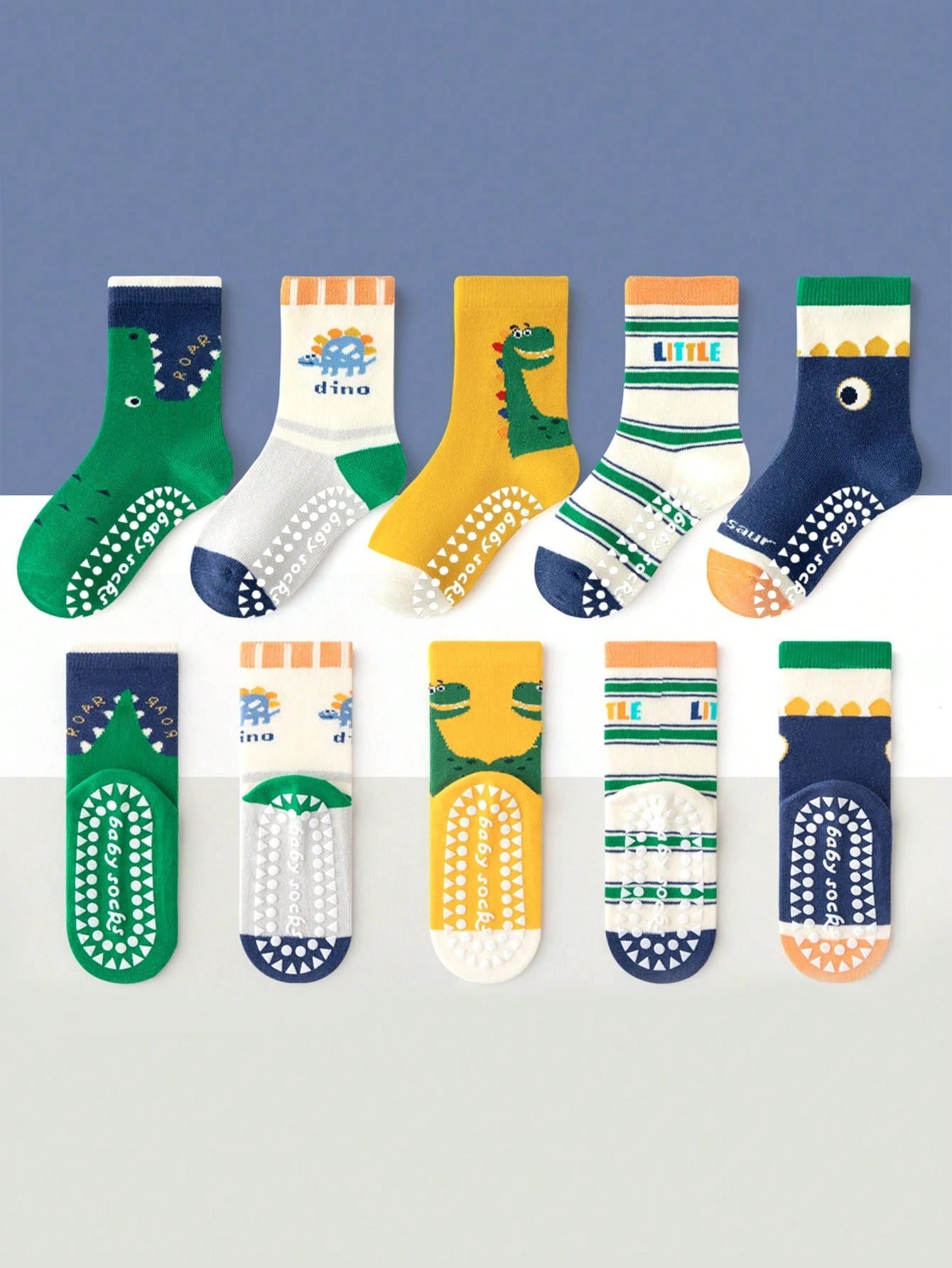 5 Pairs Kids Anti-Slip Floor Socks With Letter, Stripe, Dot, Cartoon Dinosaur Patterns
