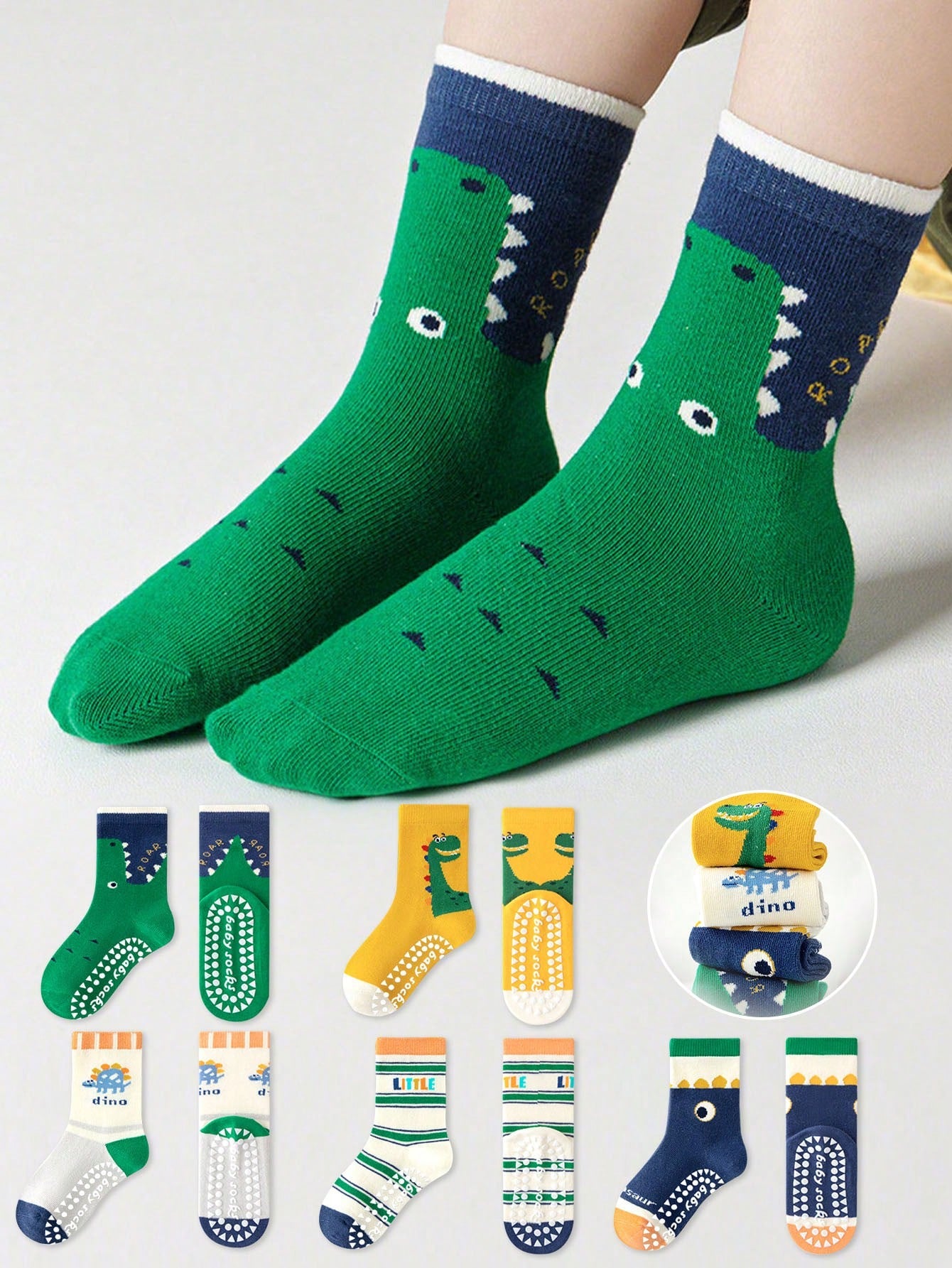 5 Pairs Kids Anti-Slip Floor Socks With Letter, Stripe, Dot, Cartoon Dinosaur Patterns