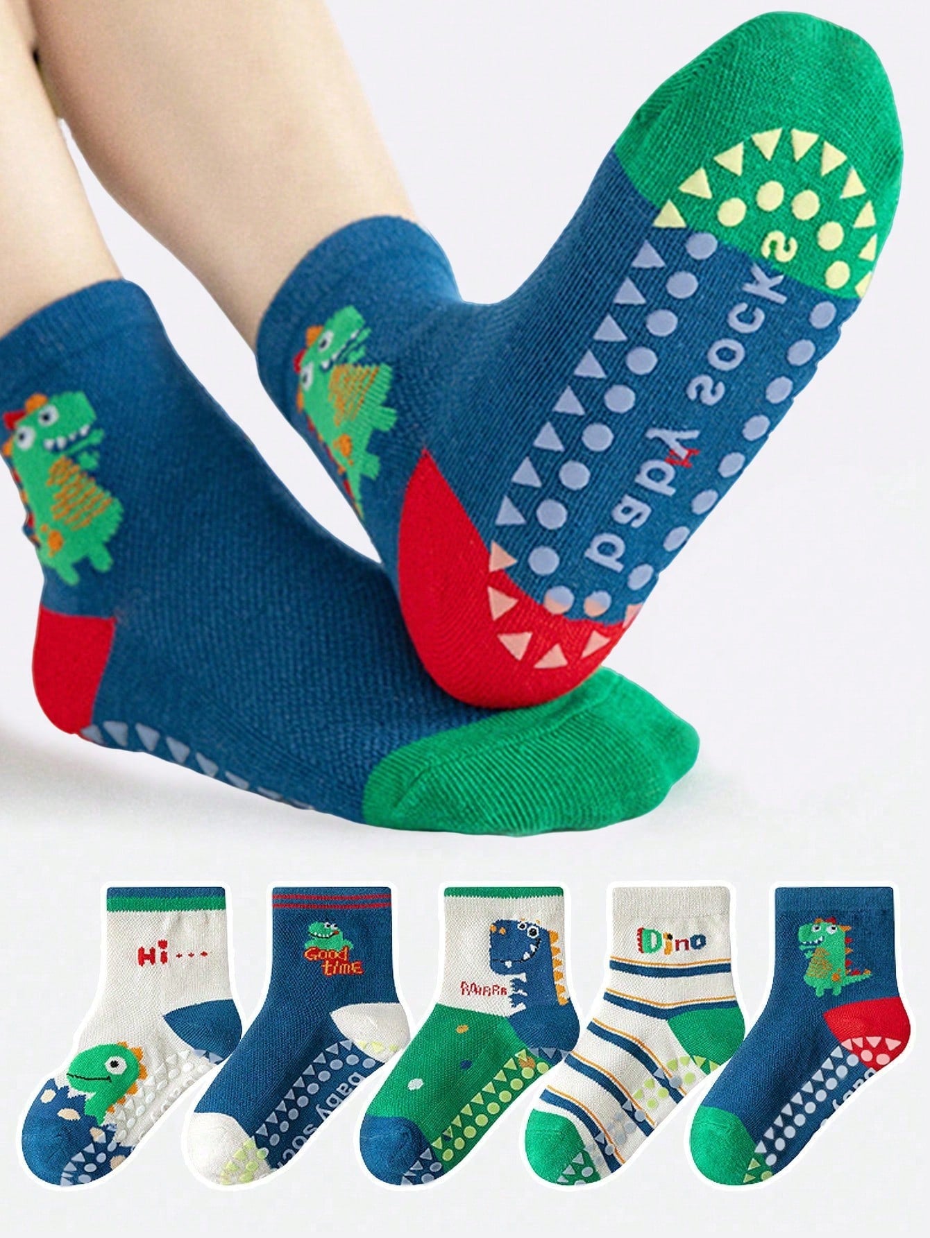5 Pairs Kids Anti-Slip Floor Socks With Letter, Stripe, Dot, Cartoon Dinosaur Patterns Multicolor