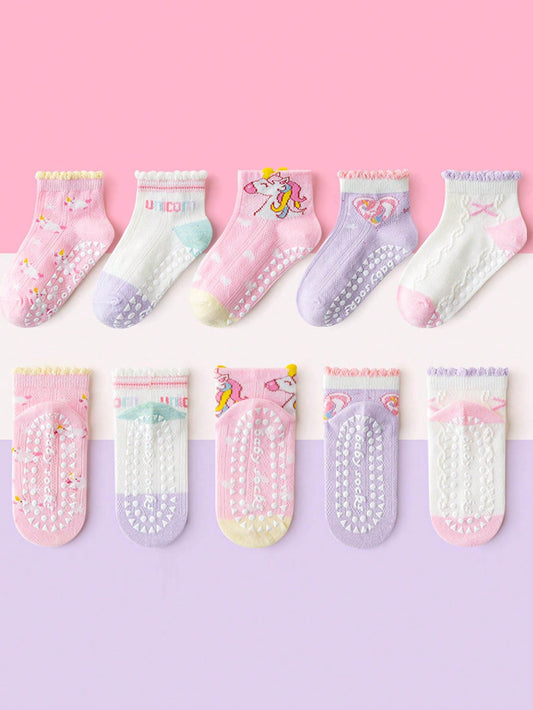 5 Pairs Kids Anti-Slip Floor Socks With Letter, Stripe, Dot, Cartoon Dinosaur Patterns Multicolor 2