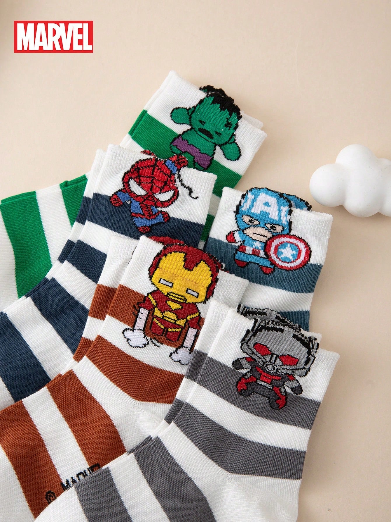 5 Pairs Marvel Series Iron Man & Hulk Striped Pattern Kids Socks