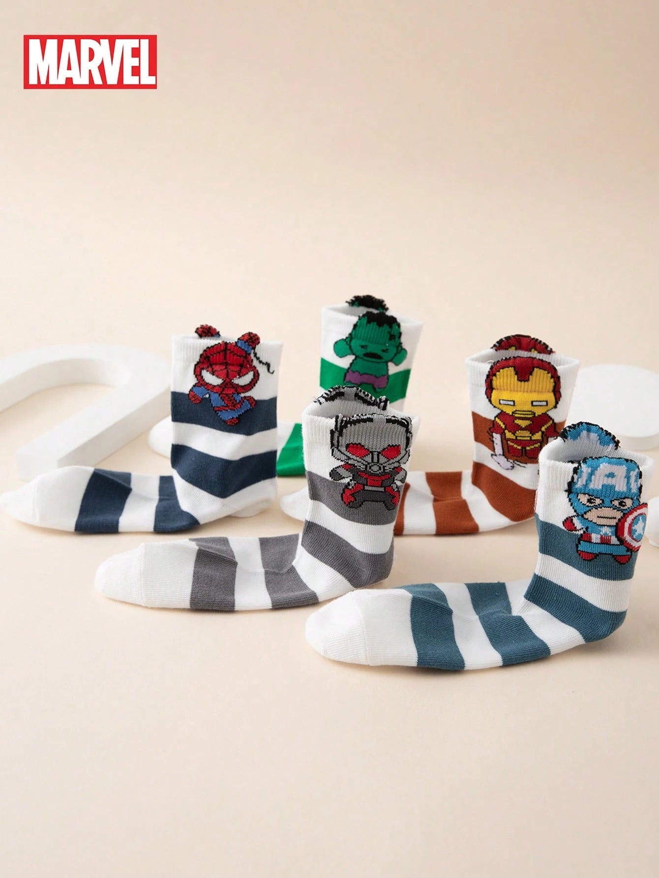 5 Pairs Marvel Series Iron Man & Hulk Striped Pattern Kids Socks
