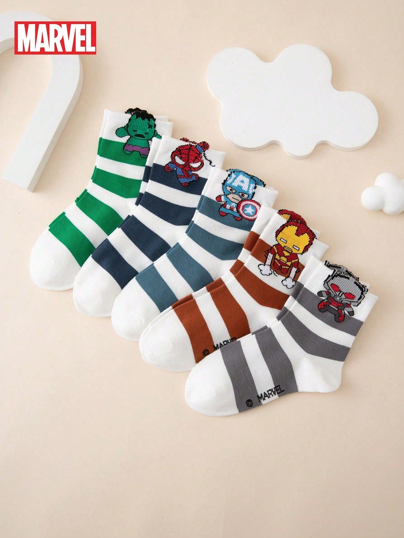 5 Pairs Marvel Series Iron Man & Hulk Striped Pattern Kids Socks