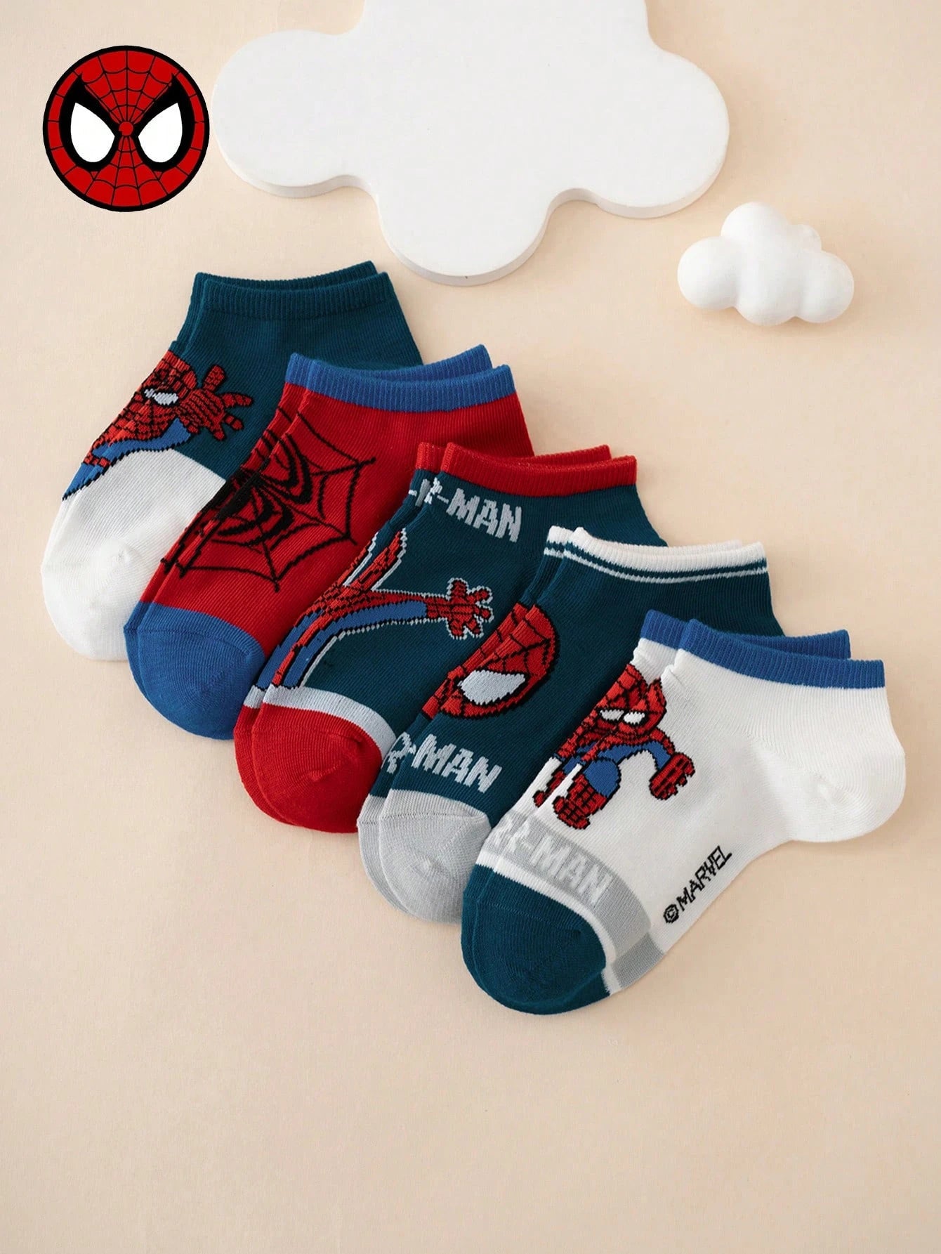 5 Pairs Marvel Socks Series Spider-Man Letter Pattern Cartoon Kids Socks