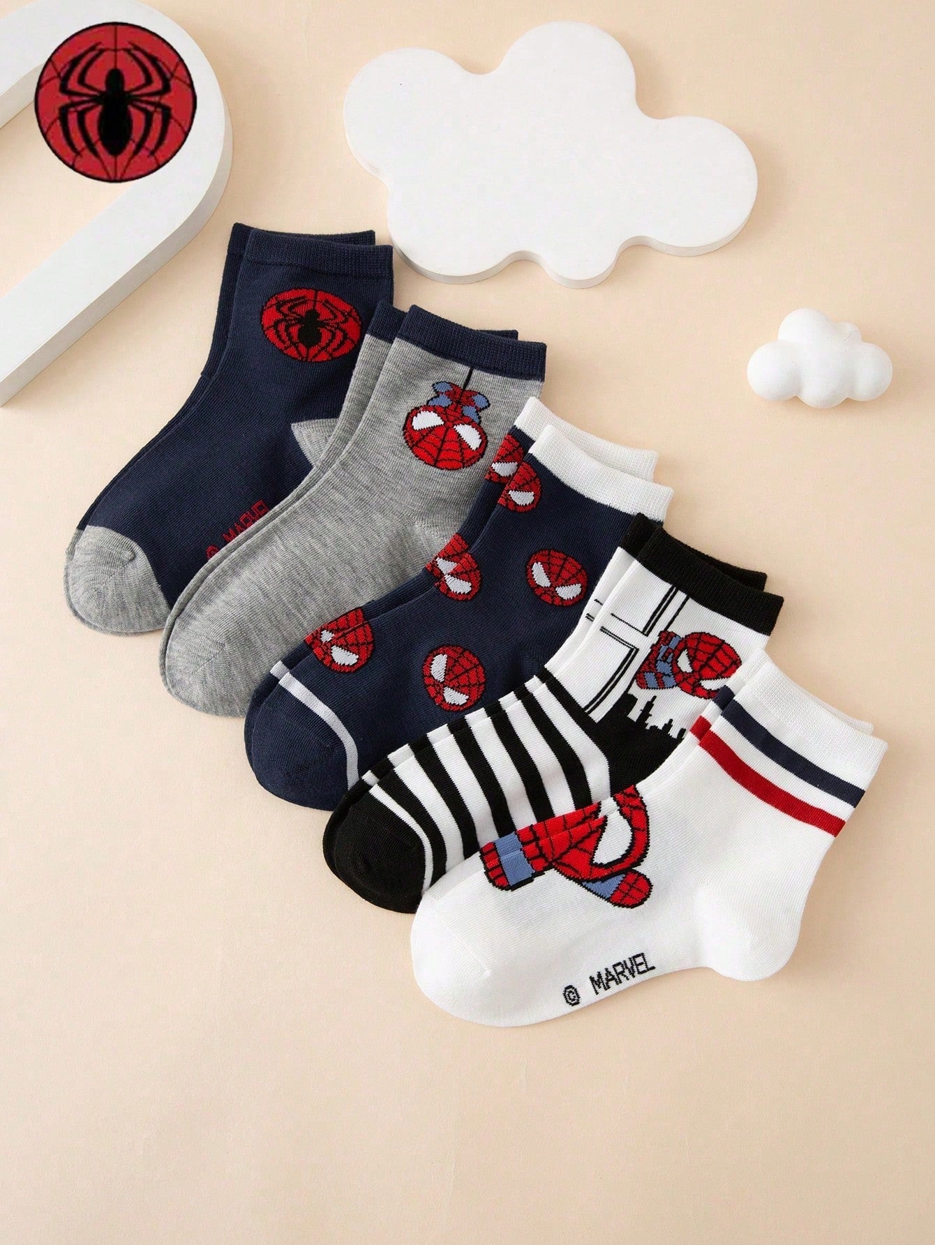 5 Pairs Marvel Spider-Man Striped Pattern Kids Crew Socks