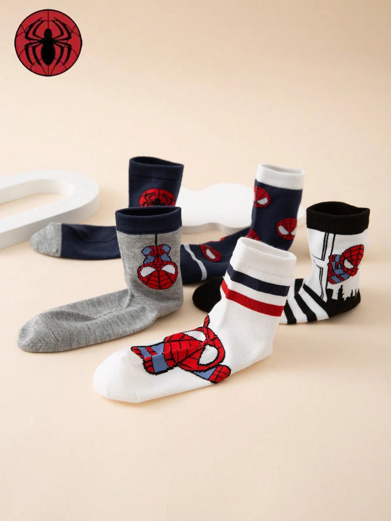 5 Pairs Marvel Spider-Man Striped Pattern Kids Crew Socks
