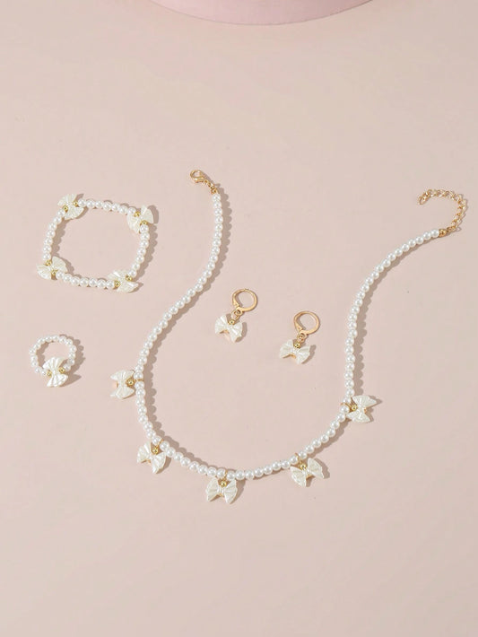 5pcs Fashionable Luxury Faux Pearl Necklace Bracelet Earrings Ring Jewelry Set White