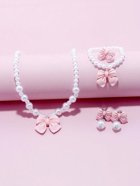 5pcs/Set Girls' Cute Bow Pendant Necklace, Bracelet, Earrings, Ring Jewelry Set Baby Pink