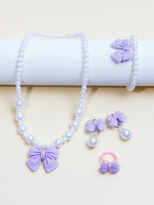 5pcs/Set Girls' Cute Bow Pendant Necklace, Bracelet, Earrings, Ring Jewelry Set Mauve Purple
