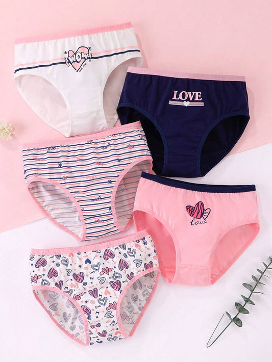 5pcs Tween Girl Comfortable Breathable Heart, Butterfly, Underwear Set