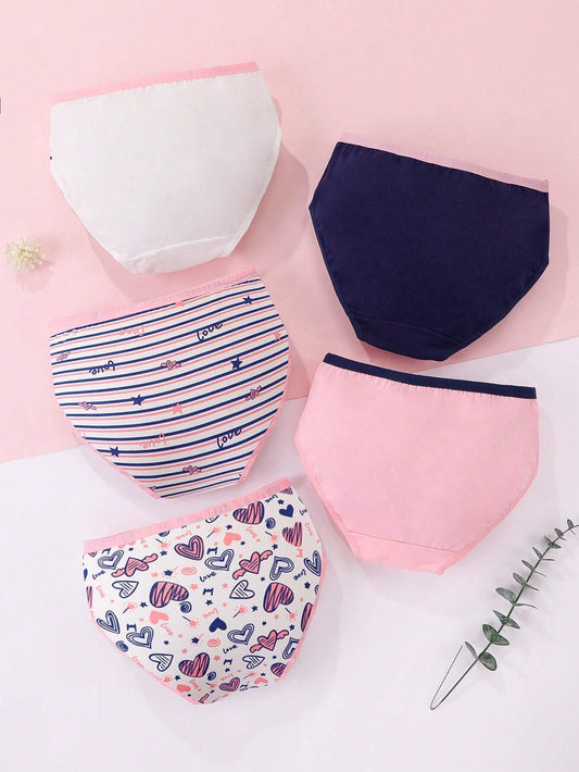 5pcs Tween Girl Comfortable Breathable Heart, Butterfly, Underwear Set