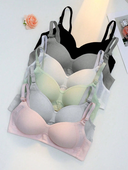 6PCS Girls Teen Ribbed Underwear Comfortable Simple Girly Bras Multicolor