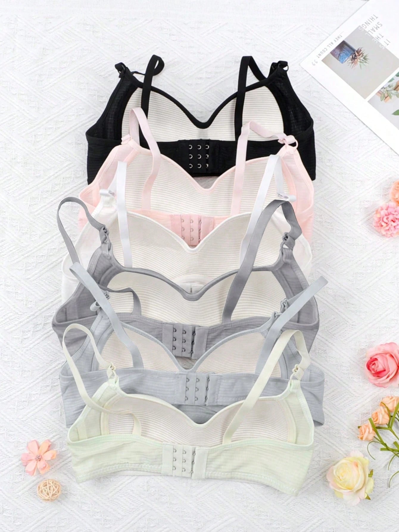6PCS Girls Teen Ribbed Underwear Comfortable Simple Girly Bras