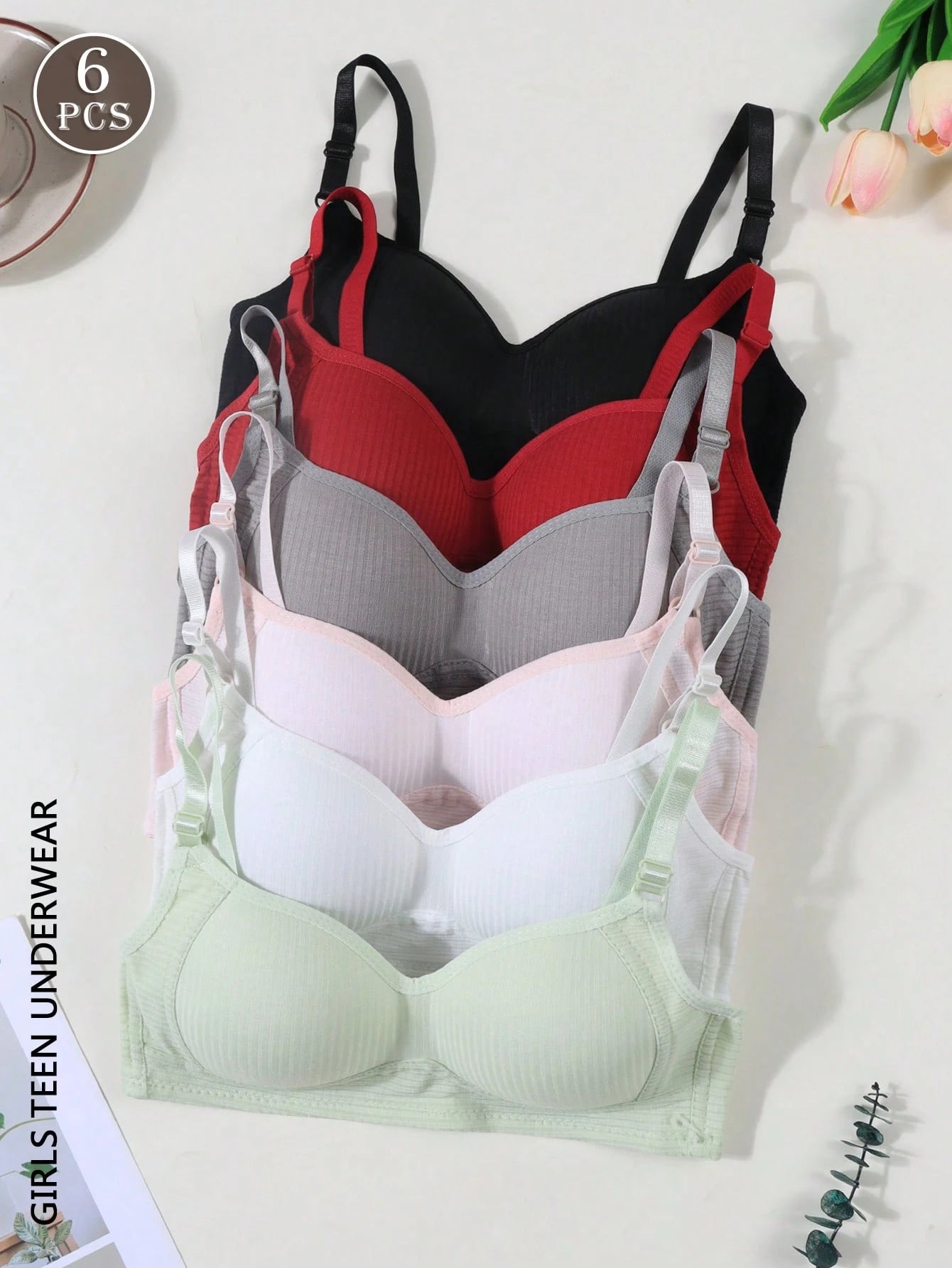 6PCS Girls Teen Ribbed Underwear Comfortable Simple Girly Bras Multicolor 3
