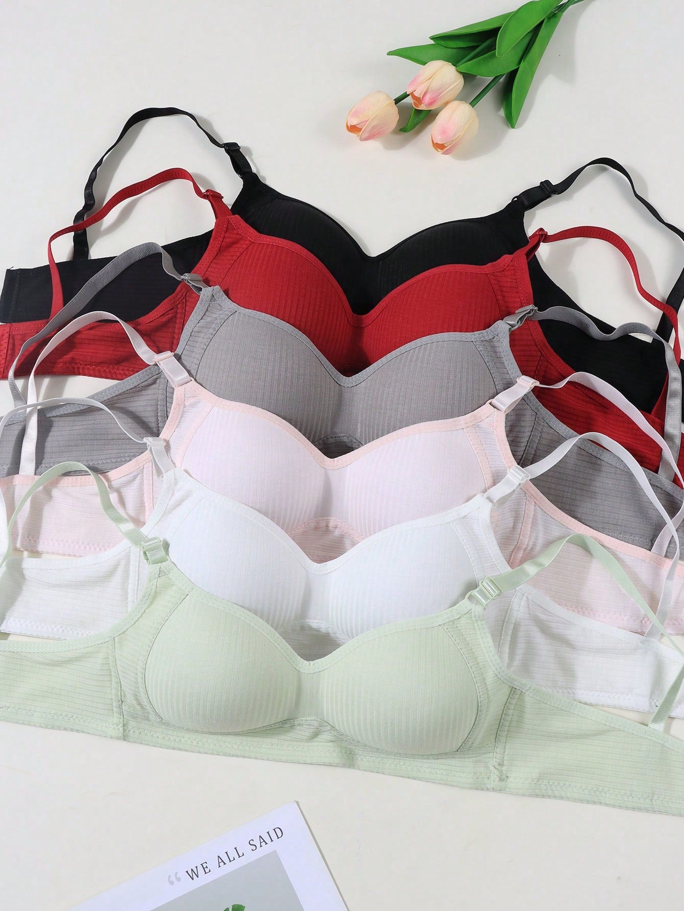 6PCS Girls Teen Ribbed Underwear Comfortable Simple Girly Bras