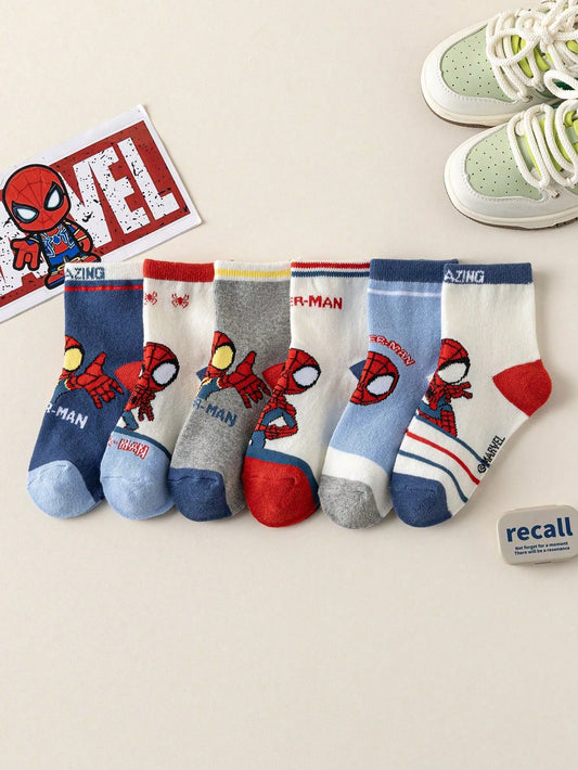 6 Pairs Kids Mid-Calf Socks Autumn Winter Cartoon Hero Series For Boys Girls, Marvel Socks