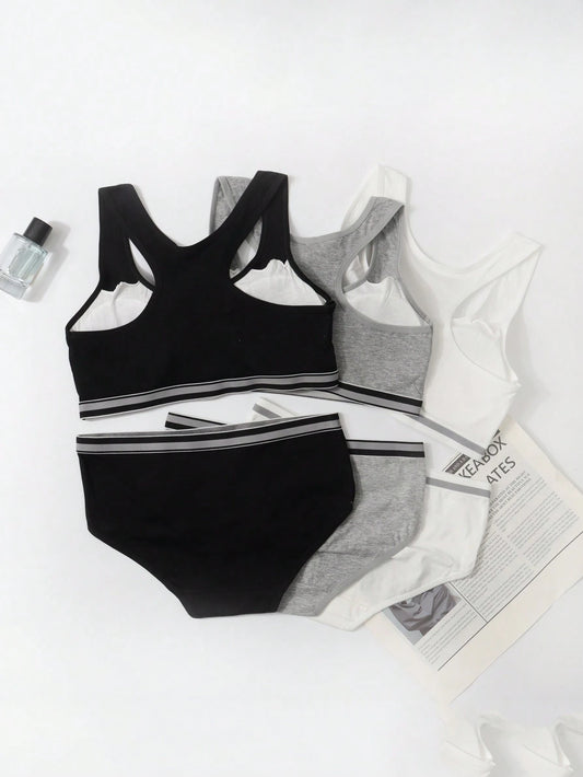 6pcs/Set Teen Girls' Letter Print Striped Elastic Bra And Panties Set