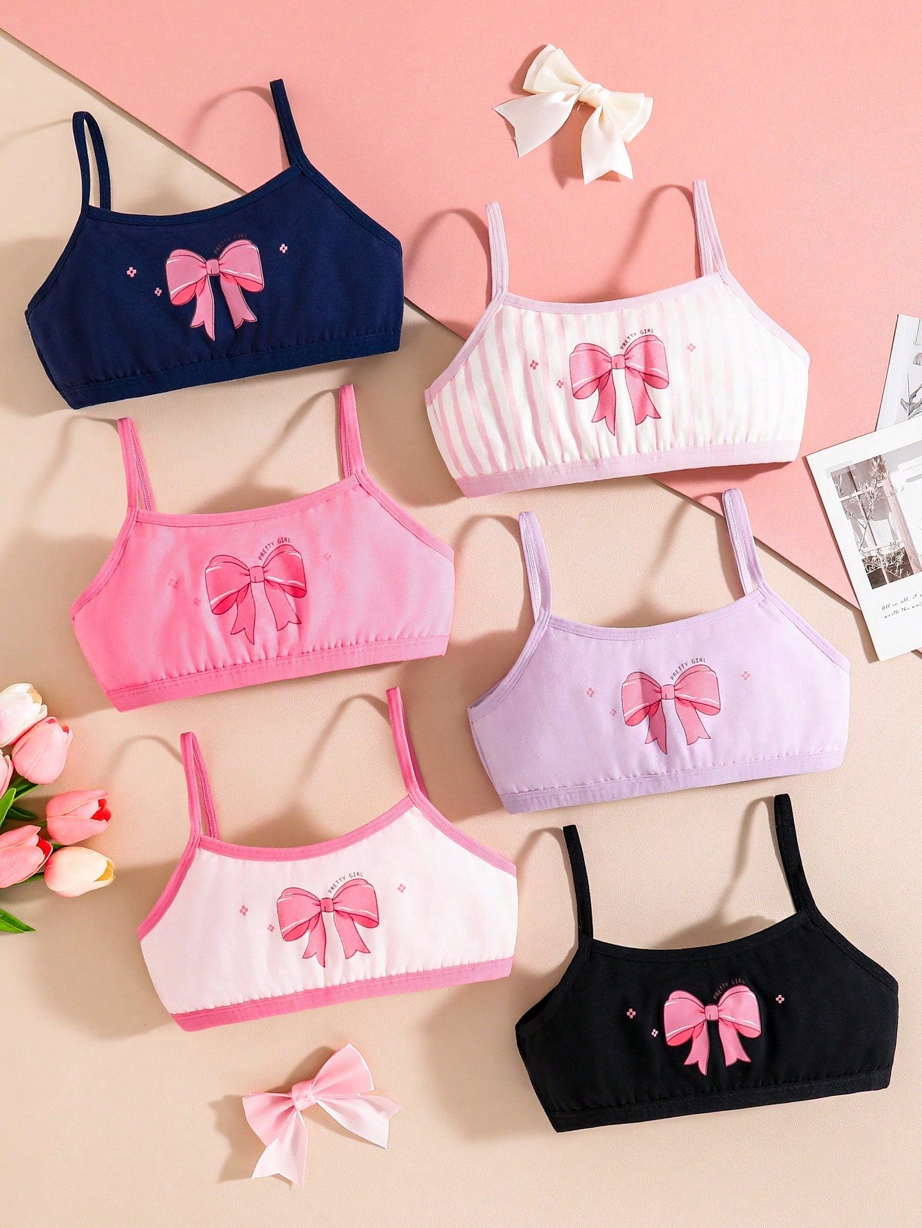 6pcs Set Tween Girl Kawaii Heart Bow Print Cotton Camisole