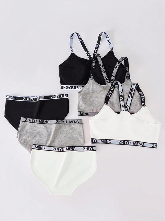 6pcs Tween Girls Solid Color Patchwork Letter Detail Underwear