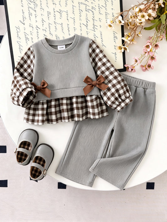 Baby Girls Knitted Brown Patchwork Plaid Long Sleeve Bow T-Shirt Top And Ribbed