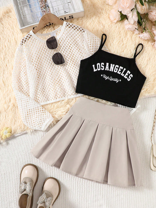 Mesh Jacket & Printed Camisole & Mini Skirt 3-Piece Outfit