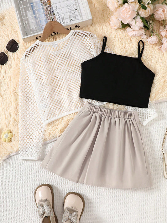 Mesh Jacket & Printed Camisole & Mini Skirt 3-Piece Outfit