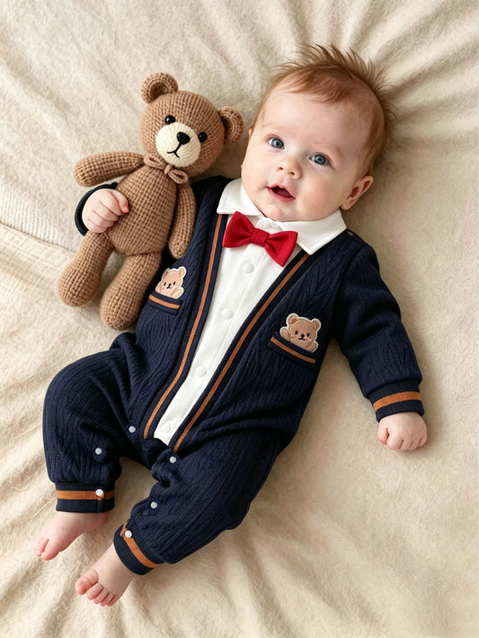 1pc Baby Boy Jumpsuit Romper Elegant Navy White Red Bow Tie Bear Patch Cable