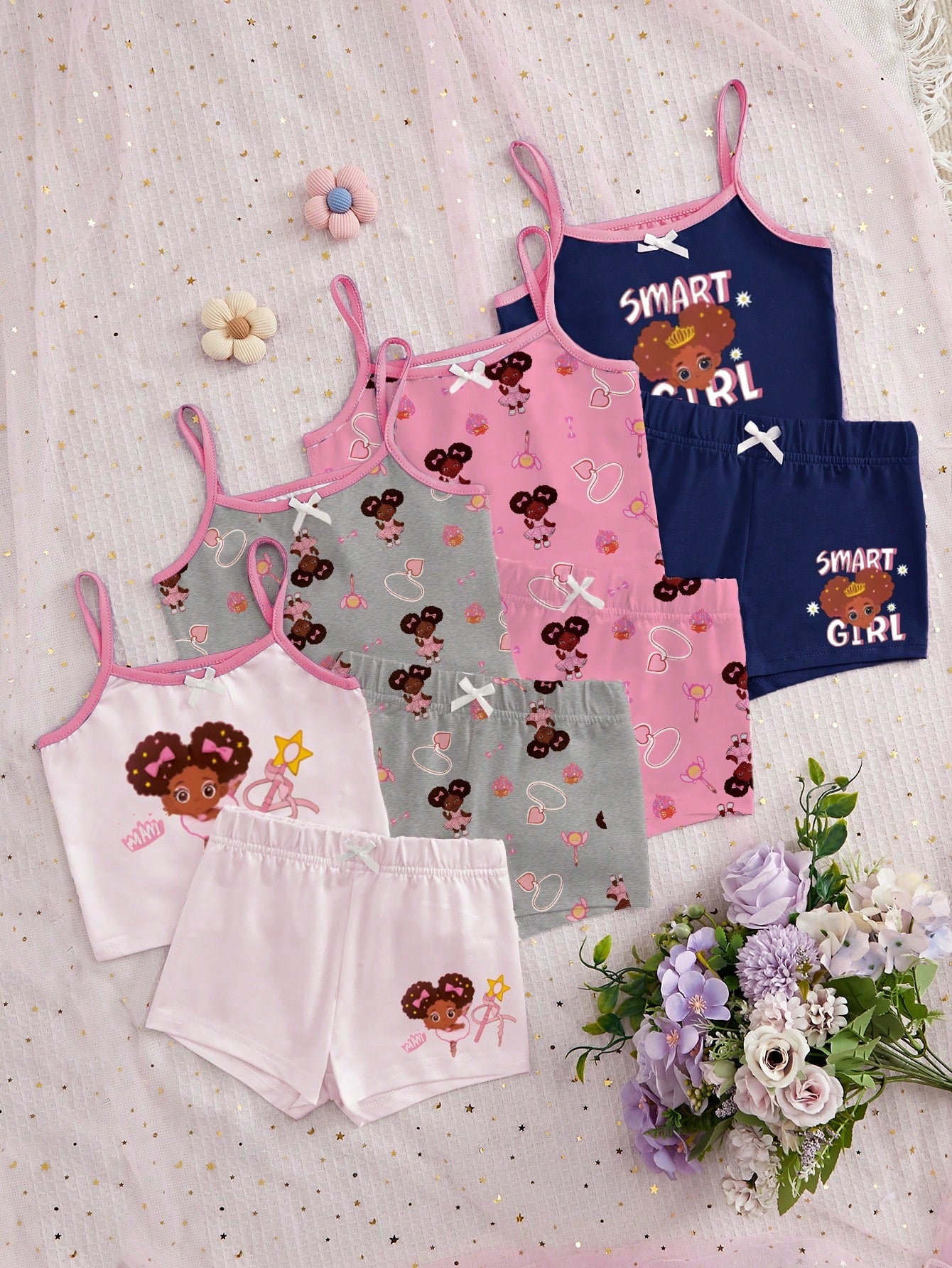 8pcs/Set Girls' Cartoon Printed Cami Tops And Undergarment Set