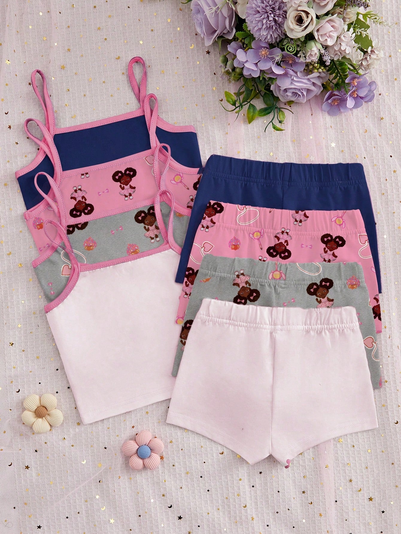 8pcs/Set Girls' Cartoon Printed Cami Tops And Undergarment Set