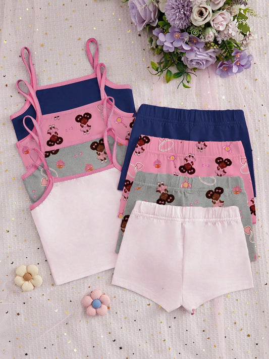 8pcs/Set Girls' Cartoon Printed Cami Tops And Undergarment Set
