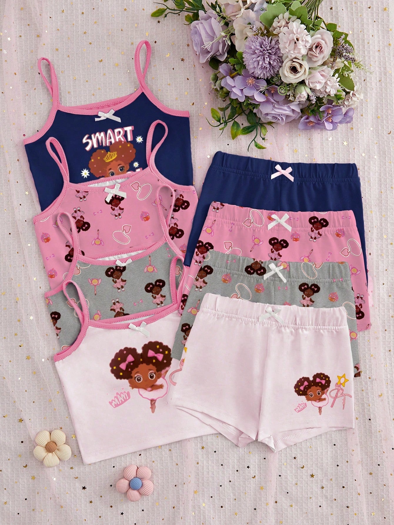 8pcs/Set Girls' Cartoon Printed Cami Tops And Undergarment Set