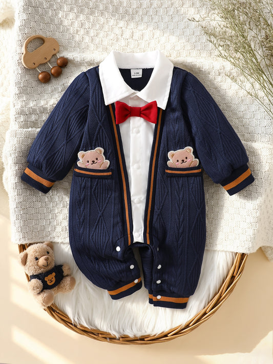 1pc Baby Boy Jumpsuit Romper Elegant Navy White Red Bow Tie Bear Patch Cable