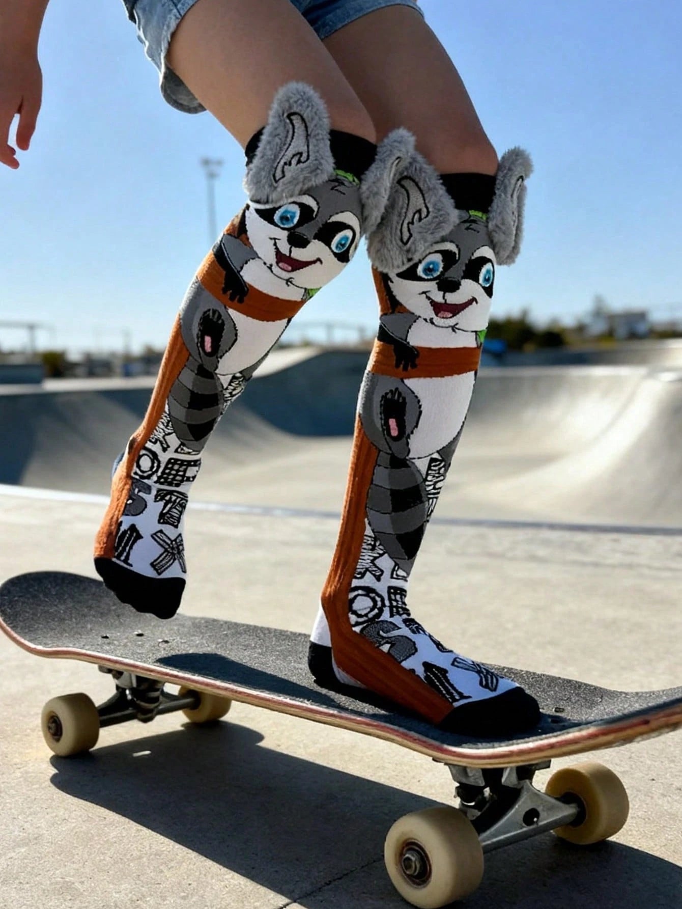 A Pair Of Over-The-Knee Socks Raccoon Pattern With 3D Ear Decorations