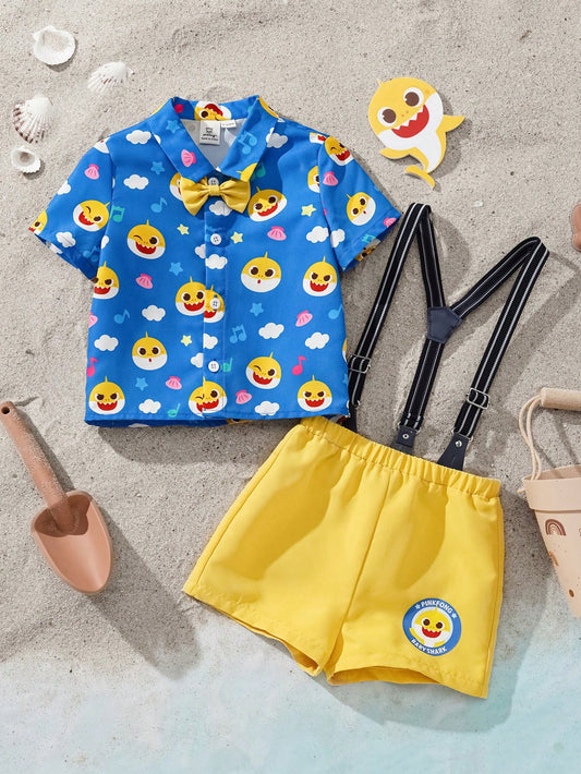 Baby Boy Cartoon Shark Print Casual Polo Collar Shirt And Suspenders Shorts