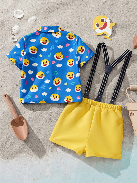 Baby Boy Cartoon Shark Print Casual Polo Collar Shirt And Suspenders Shorts